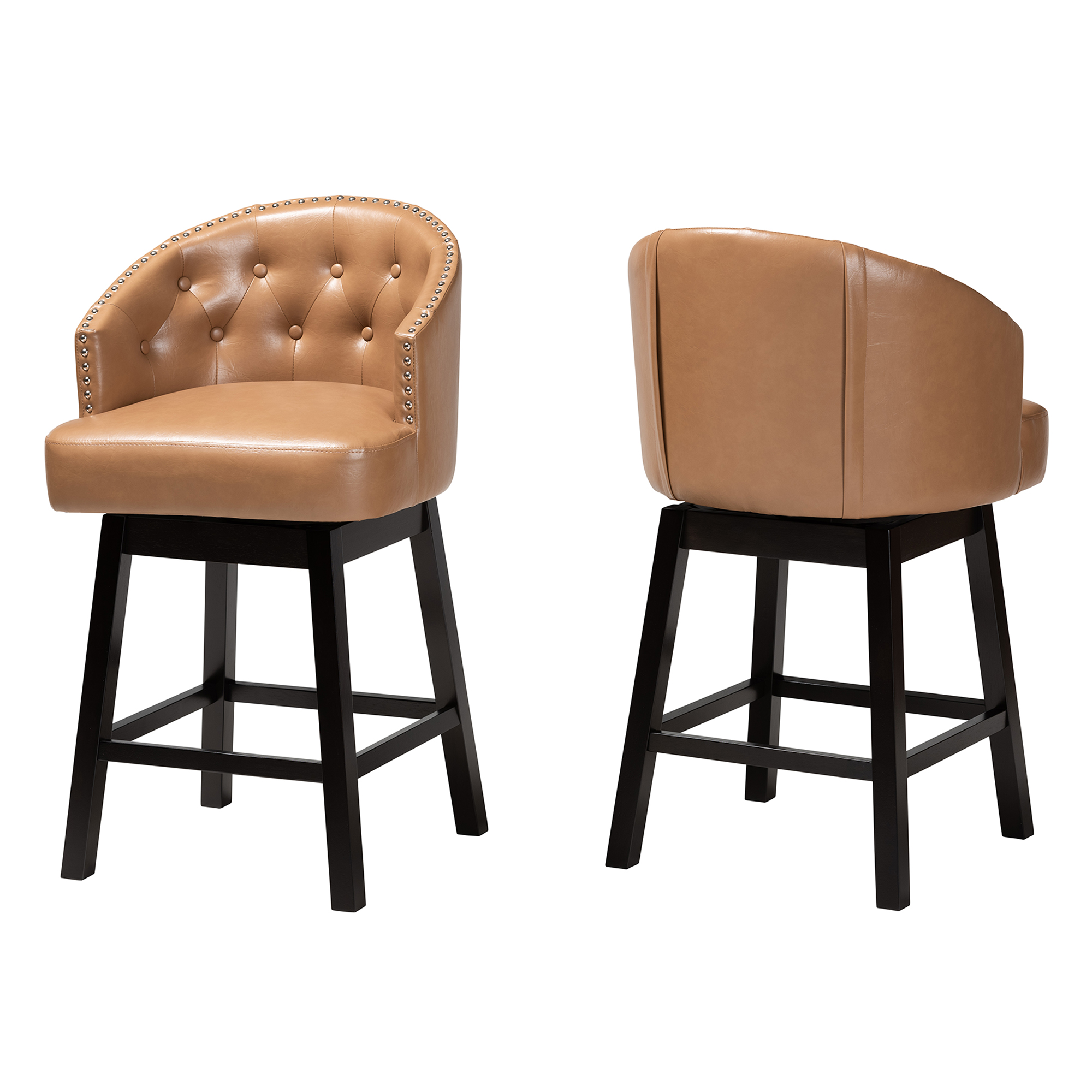 Baxton Studio Theron Mid-Century Transitional Tan Faux Leather and Espresso Brown Finished Wood 2-Piece Swivel Counter Stool Set